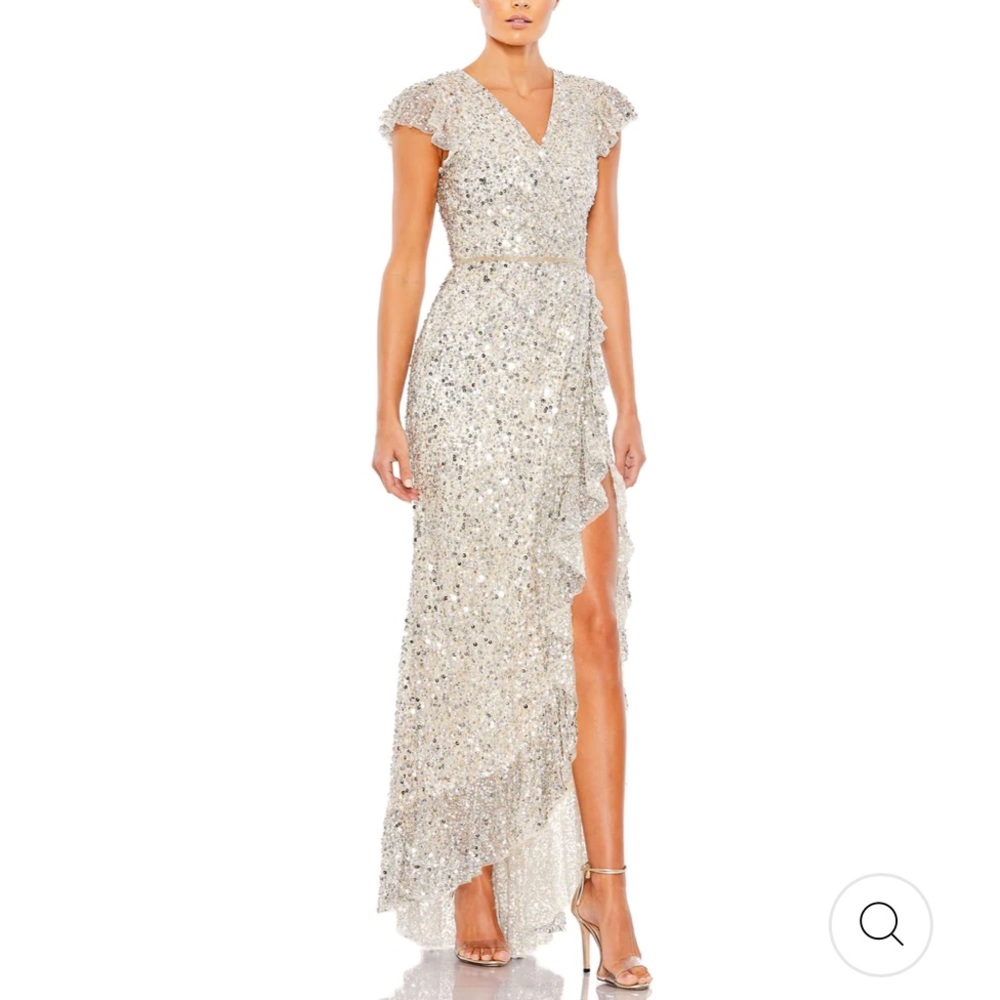 Mac Duggal 6 Sequin Faux Wrap Ruffle Cap Sleeve Maxi Gown Silver Nude NWOT